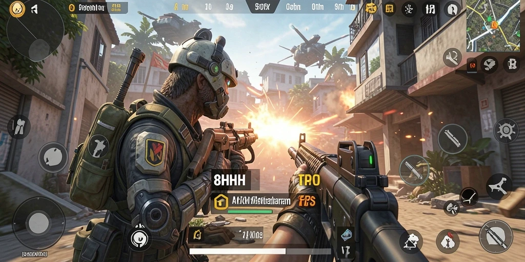 Tampilan gameplay mendebarkan di 8HHH dengan aksi tembak-menembak.