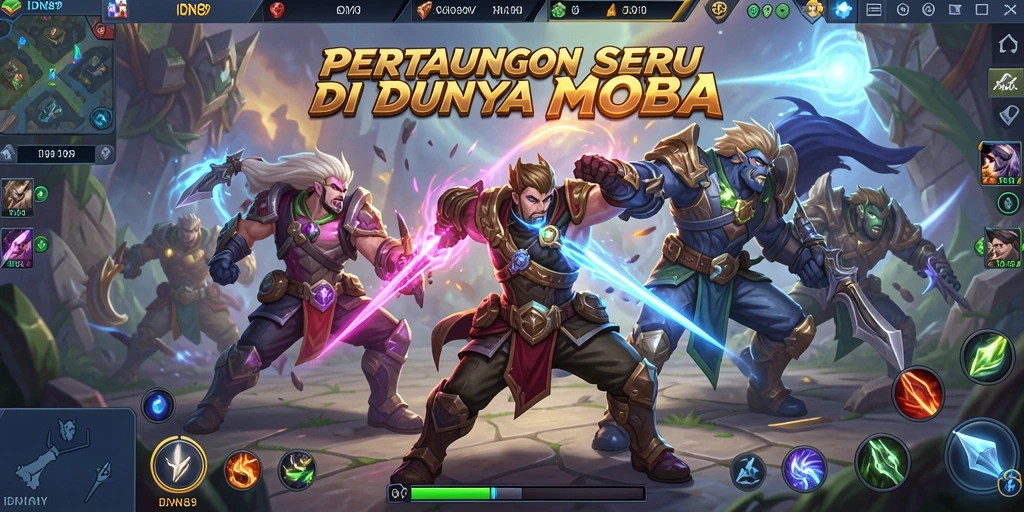 Screenshot gameplay IDN89 yang memukau dengan aksi pertempuran MOBA.
