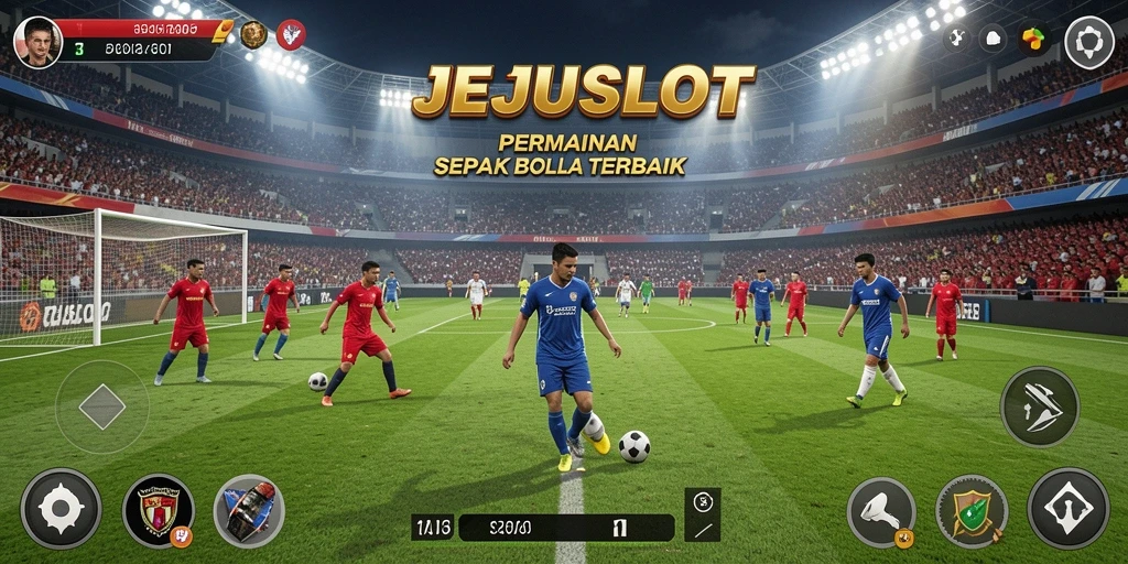 Screenshot dari gameplay <strong>JEJUSLOT</strong> menunjukkan pertandingan sepak bola yang intens.