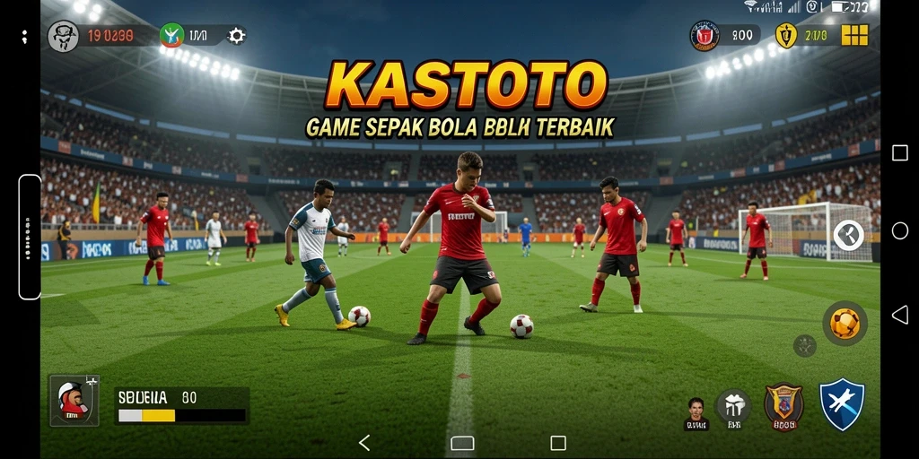 Screenshot gameplay KASTOTO yang menunjukkan aksi sepak bola seru.