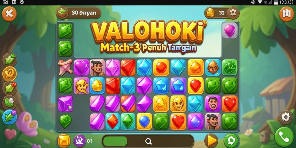 Screenshot gameplay VALOHOKI menampilkan kombinasi permata berwarna-warni.